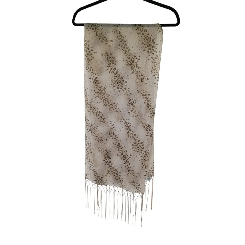 Studio 36 Tan Brown Leopard Print Fringed Scarf Lightweight Sheer‎ Animal Print
